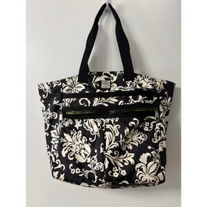 Brighton Large Nylon Tote Travel Bag Black White Floral Scroll Heart Logo
